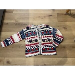 Heirloom Collectibles Vintage Heart Fair Isle Cardigan Sweater Blue Red White